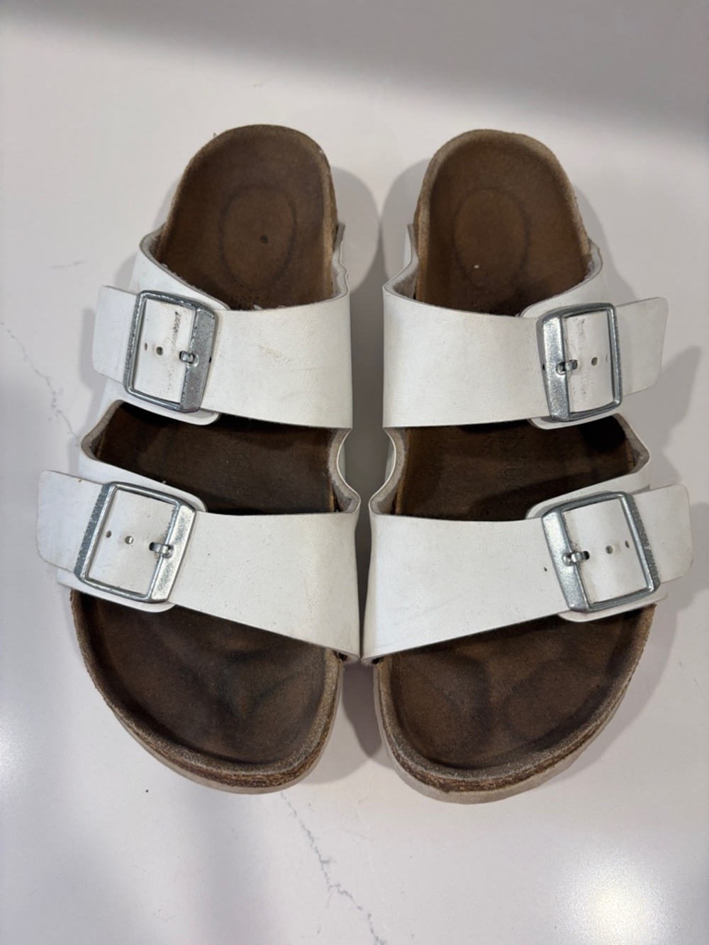 White Leather Birkenstock Double-Buckle Slide Sandals. Size 39